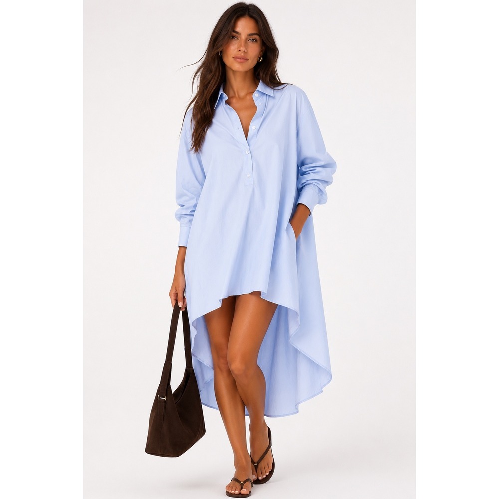Zara Woman Light Blue Cotton Poplin High Low Oversized Tunic Shirt XS